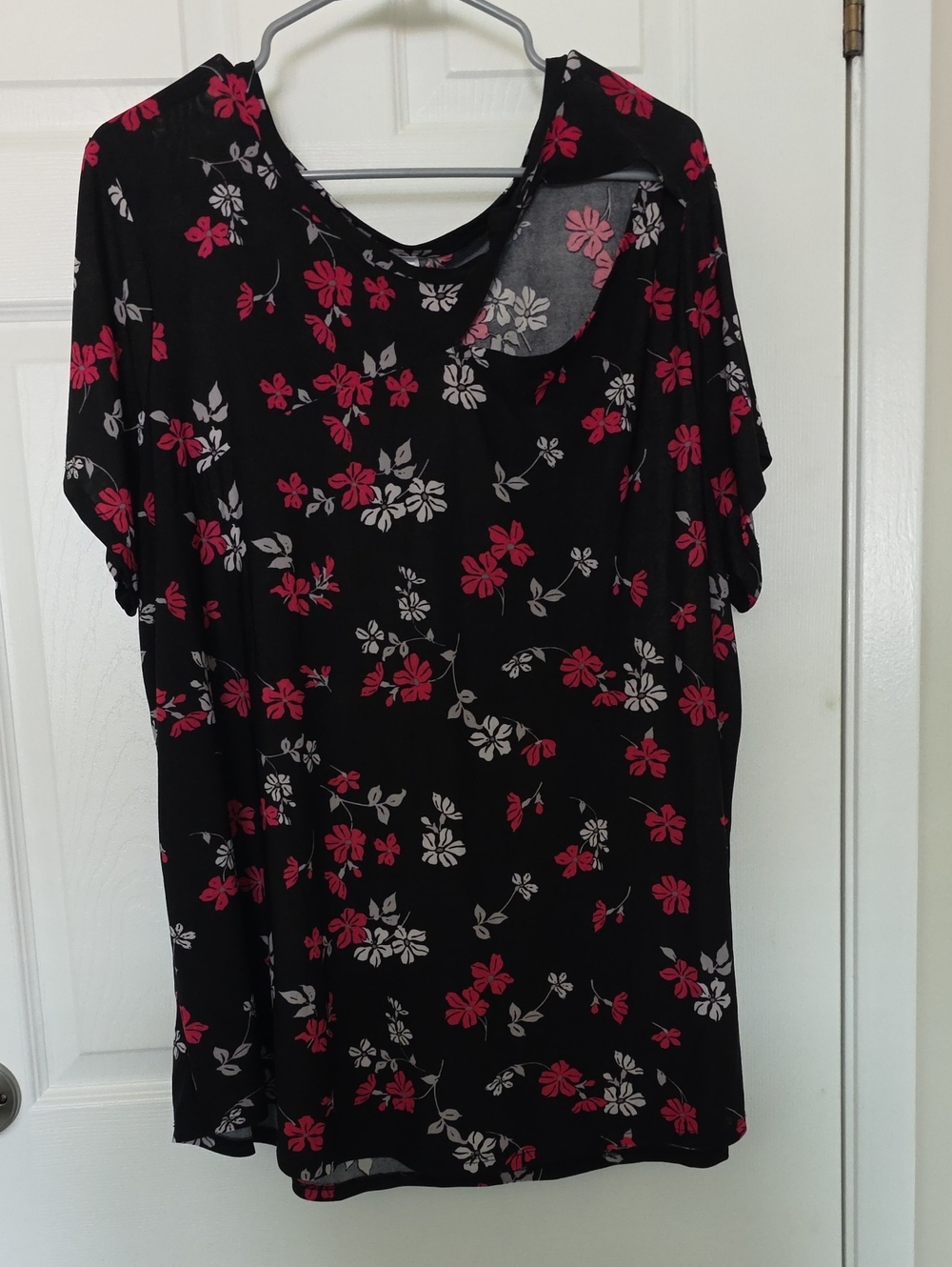 Women’s Floral Cutout Neck Blouse - Black with Pink & White Flowers